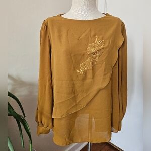 Vintage Mustard Brown Blouse with Floral Embroidery